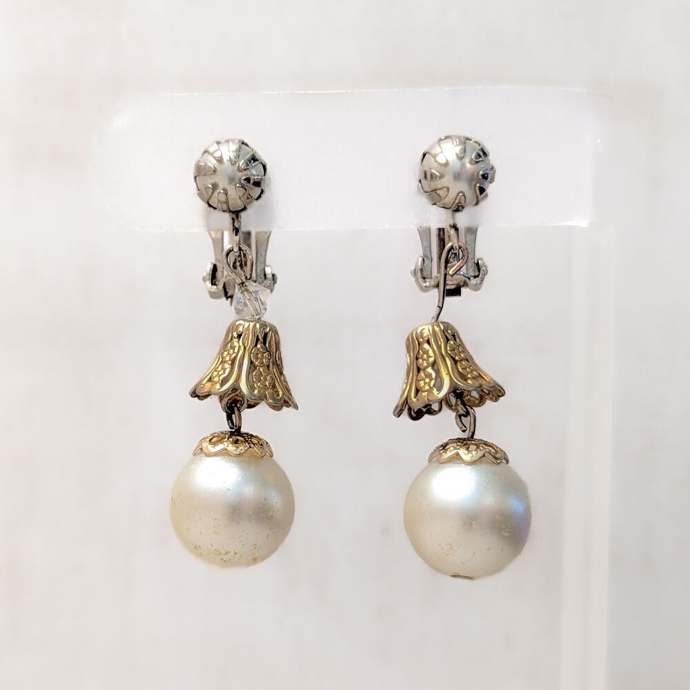 Vintage Clip On Earrings Ornate Gold Tone & Faux Pearl Dangle - Condition Issues